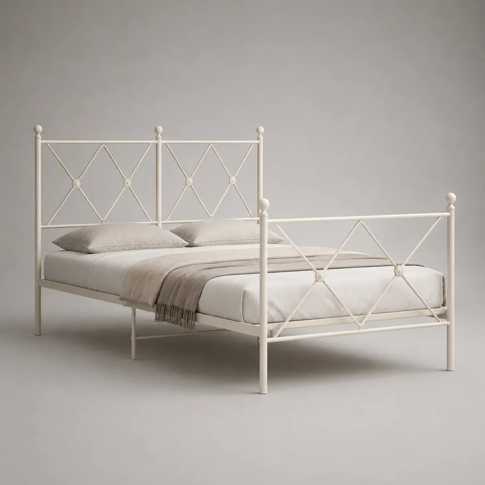 Lit double en acier blanc avec tête de lit et pied de lit décoratifs 160 x 200 cm