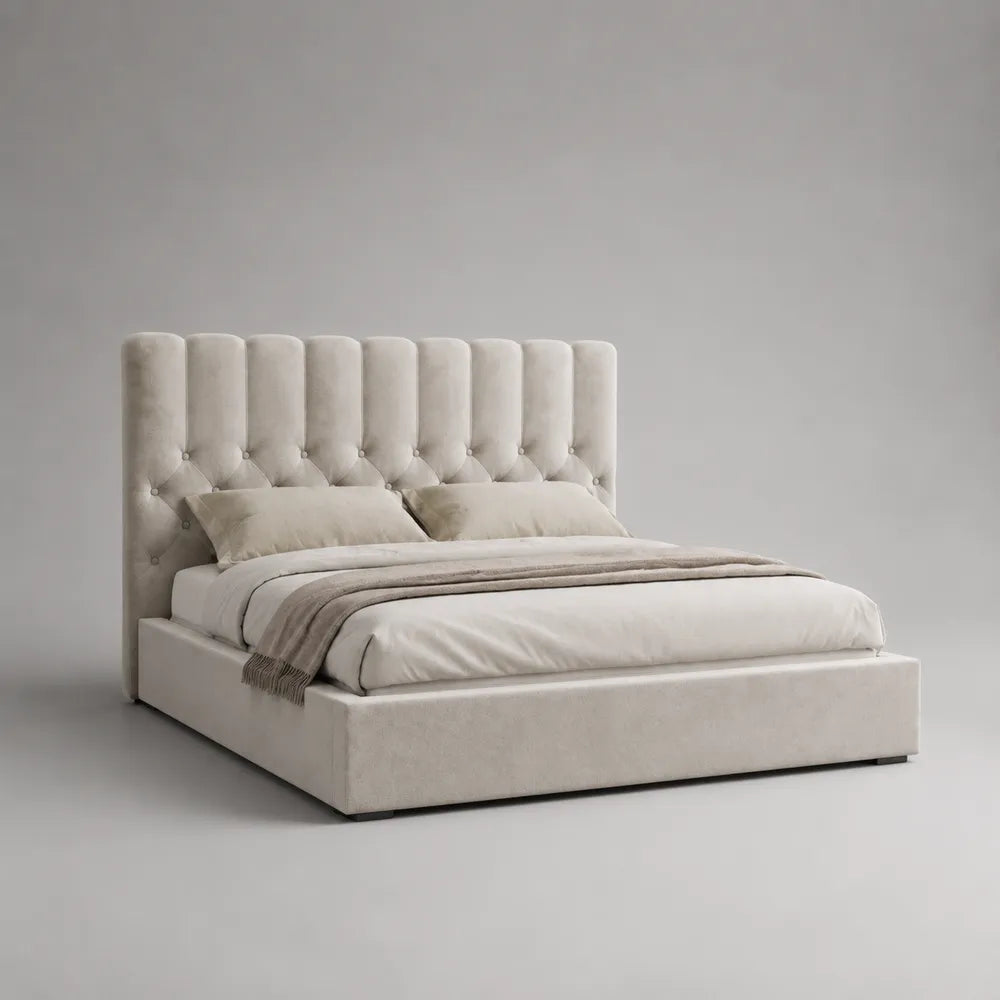 Lit double avec rangement capitonné 160 x 200 cm en tissu polyester blanc avec tête de lit rembourrée