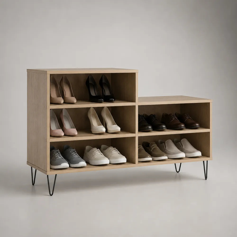 Meuble à chaussures 120 x 35 x 70 cm en panneau mélaminé chêne clair avec pieds en acier noir