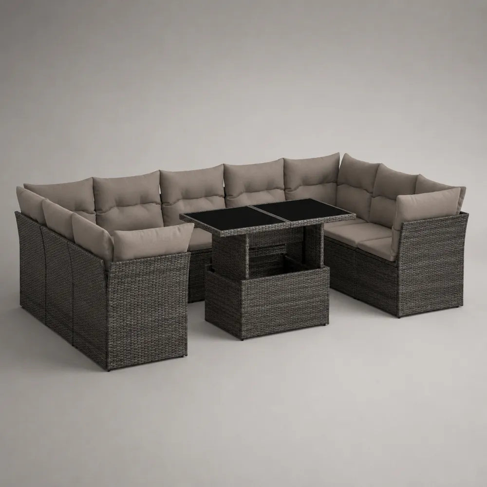 Salon de jardin modulable en résine tressée avec canapé d'angle table relevable et coussins beige gris foncé 280 x 200 x 75 cm