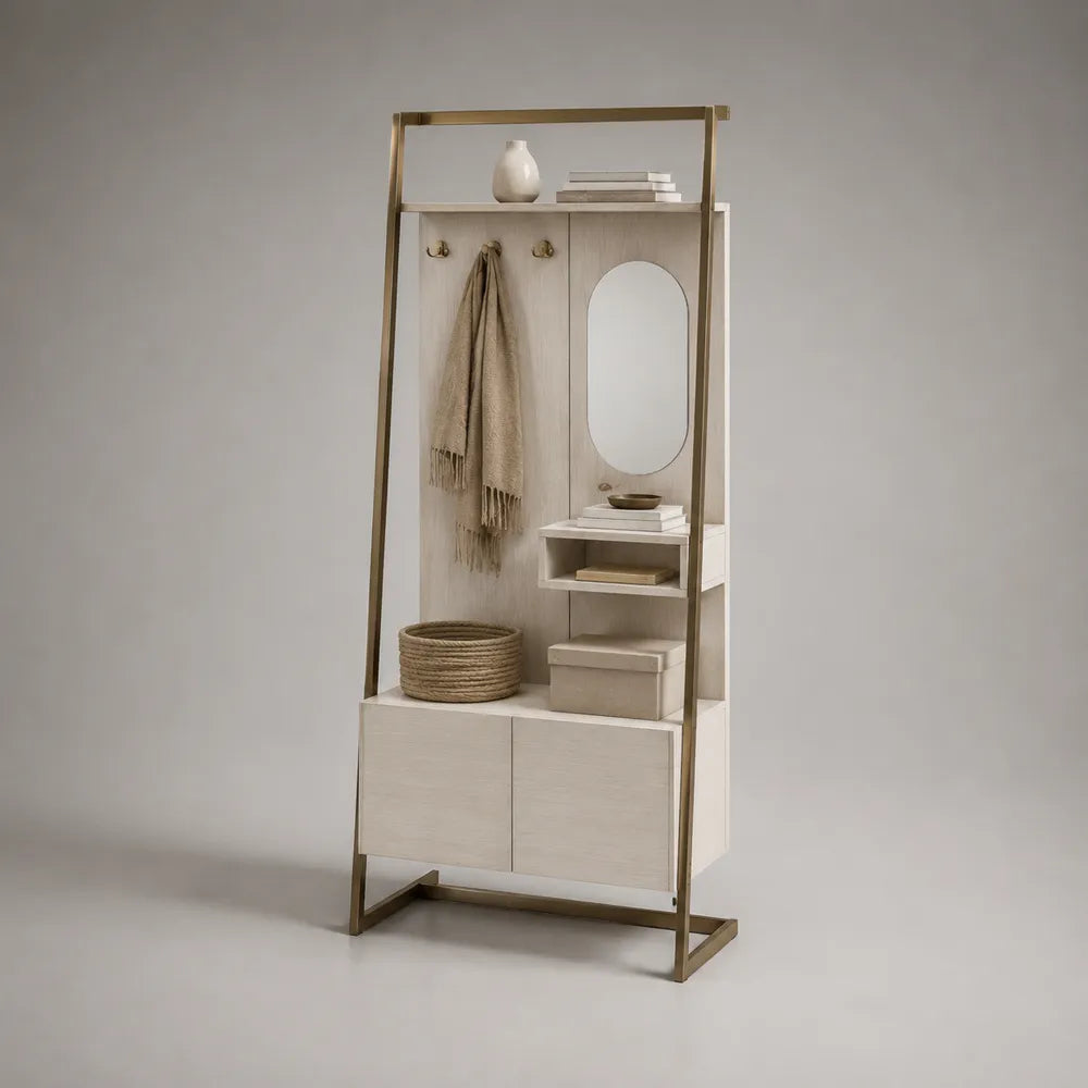 Meuble d'entrée 90 x 35 x 180 cm MDF chêne clair et acier doré avec miroir crochets et rangements