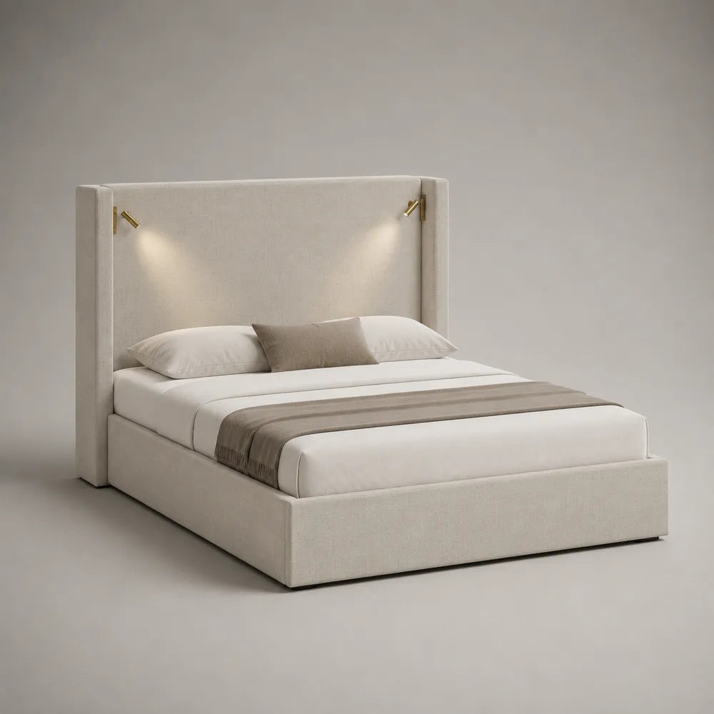 Lit coffre double 160 x 200 cm tissu beige rectangulaire avec tête de lit rembourrée LED