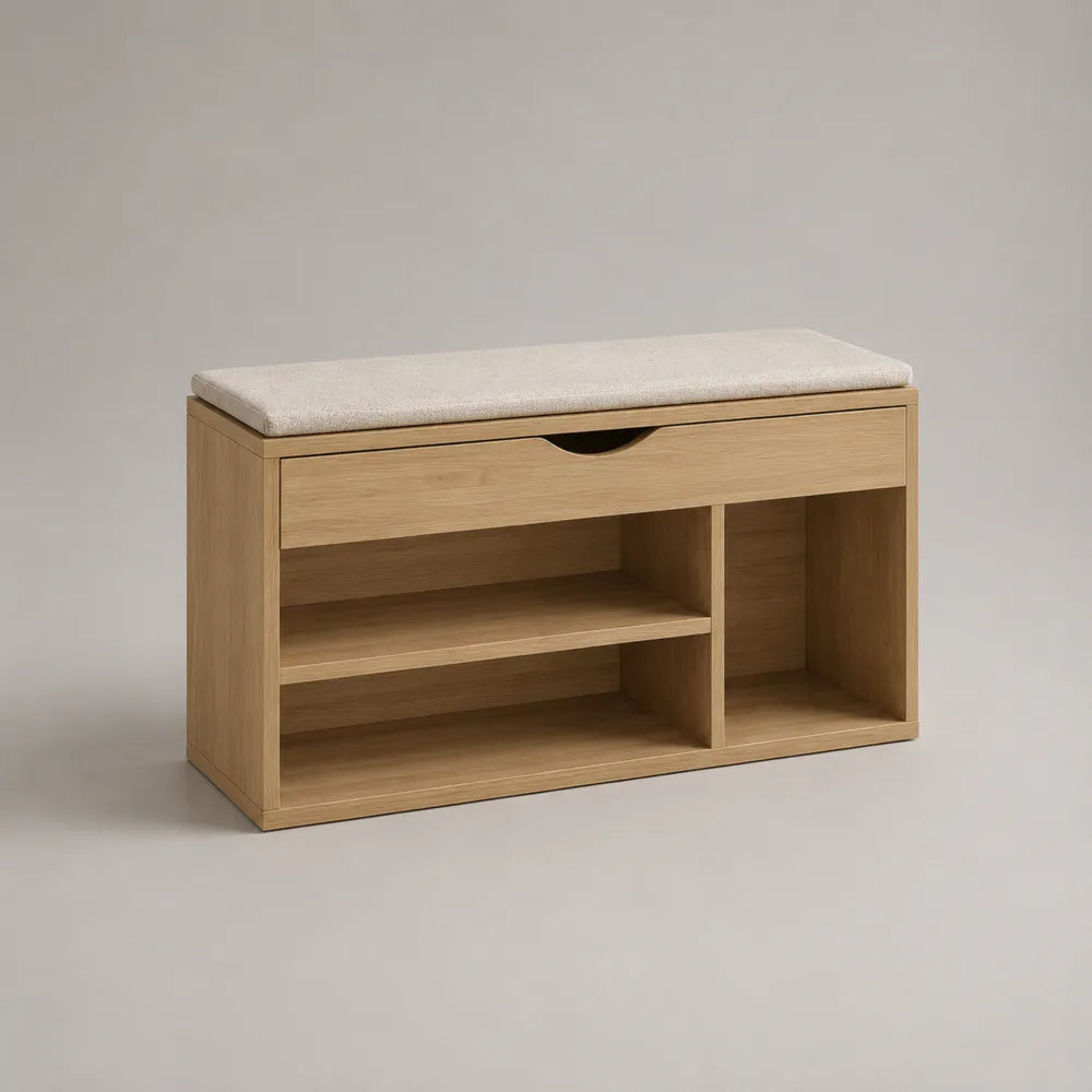 Banc à chaussures rectangulaire avec coussin tiroir et rangement en MDF effet chêne beige 100 x 35 x 45 cm