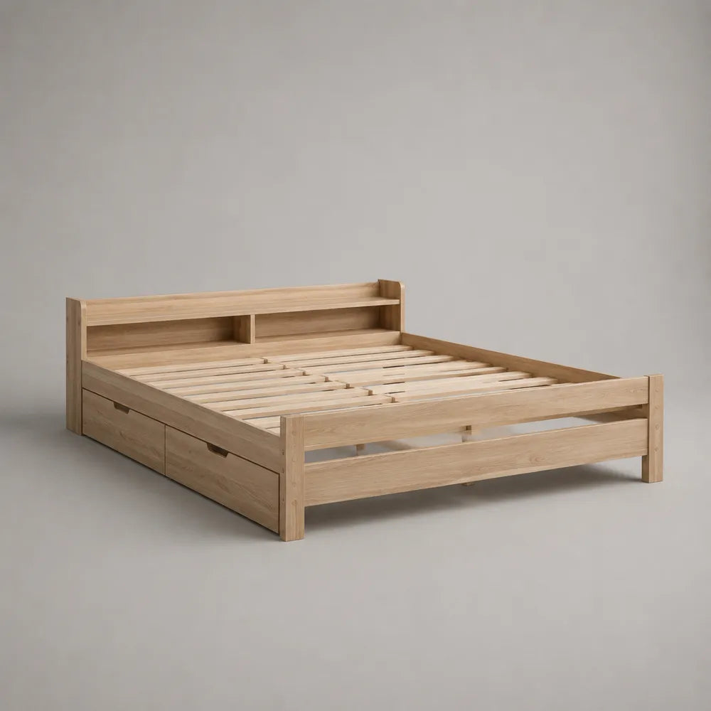 Lit double 160 x 200 cm en bois naturel avec tiroirs de rangement et tête de lit avec étagère
