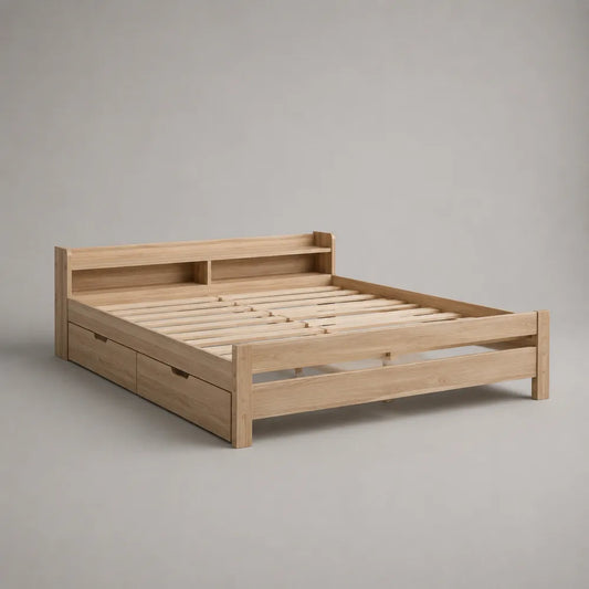 Lit double 160 x 200 cm en bois naturel avec tiroirs de rangement et tête de lit avec étagère