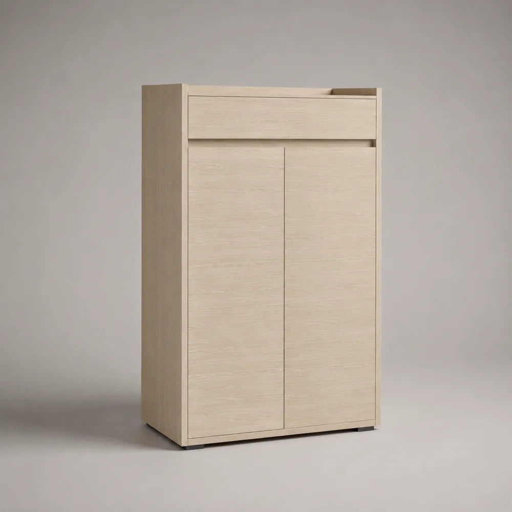 Meuble à chaussures rectangulaire avec 2 portes en MDF effet bois beige clair 80 x 35 x 110 cm