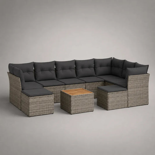 Salon de jardin modulable 300 x 80 x 70 cm résine tressée gris avec coussins et table basse