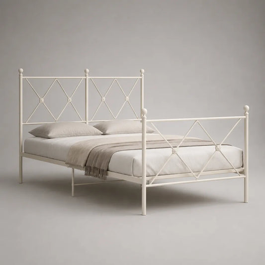 Lit double en acier blanc avec tête de lit et pied de lit décoratifs 160 x 200 cm