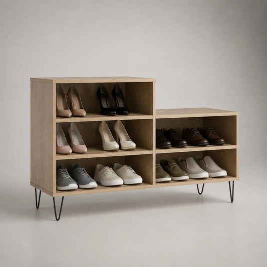 Meuble à chaussures 120 x 35 x 70 cm en panneau mélaminé chêne clair avec pieds en acier noir