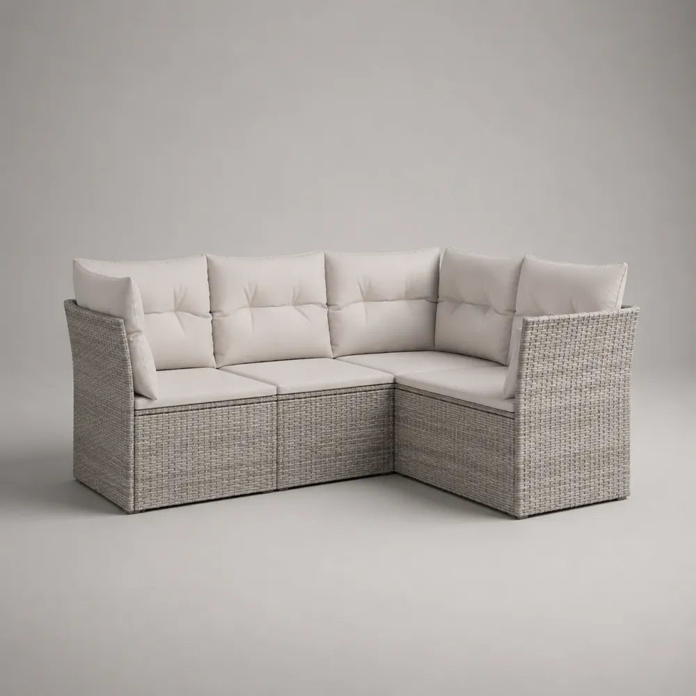 Canapé de jardin d'angle 5 places en résine tressée avec coussins blancs cassé 230 x 160 x 70 cm