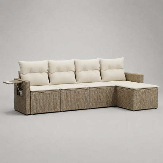Canapé de jardin d'angle en résine tressée avec coussins écrus et tablette latérale 250 x 75 x 70 cm