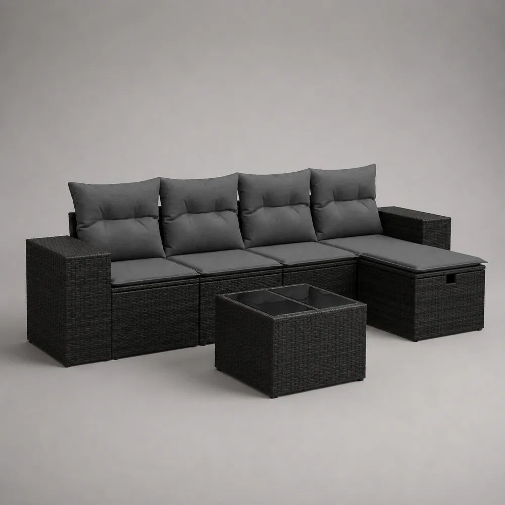 Salon de jardin d'angle 6 places avec table basse en résine tressée noire et coussins gris foncé 280 x 210 x 70 cm