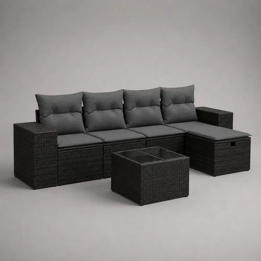 Salon de jardin d'angle 6 places avec table basse en résine tressée noire et coussins gris foncé 280 x 210 x 70 cm
