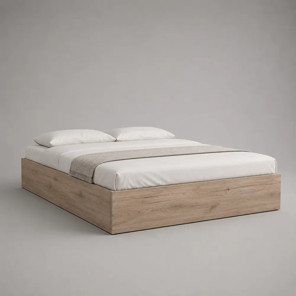 Lit double cadre de lit 160 x 200 cm en MDF effet chêne beige avec sommier à lattes