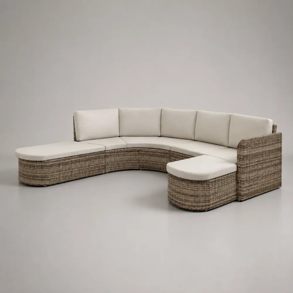 Canapé de jardin modulable 320 x 150 x 75 cm résine tressée gris beige avec coussins blancs