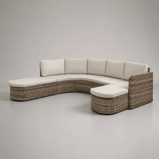 Canapé de jardin modulable 320 x 150 x 75 cm résine tressée gris beige avec coussins blancs