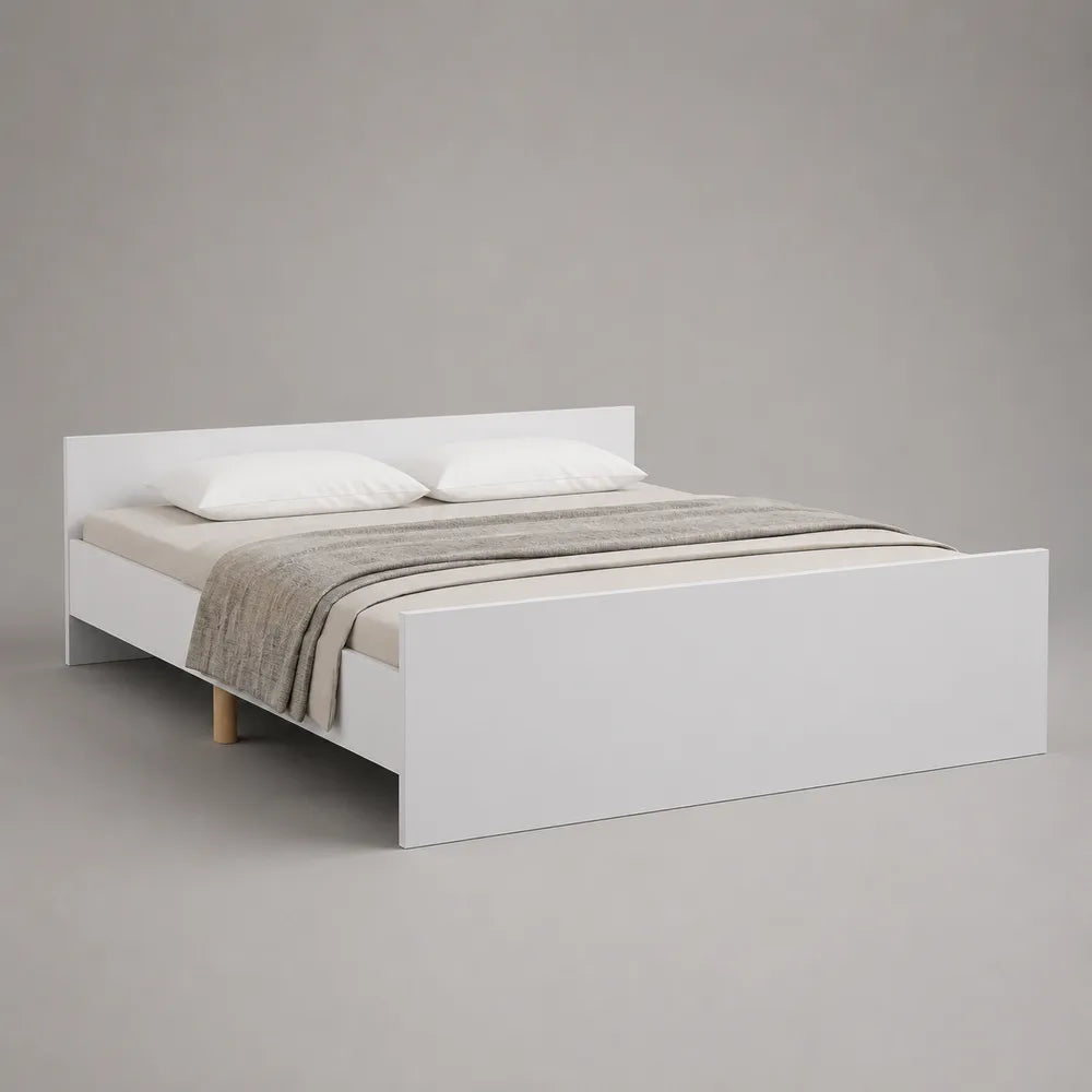 Lit double 160 x 200 cm en MDF blanc avec cadre de lit rectangulaire et tête de lit