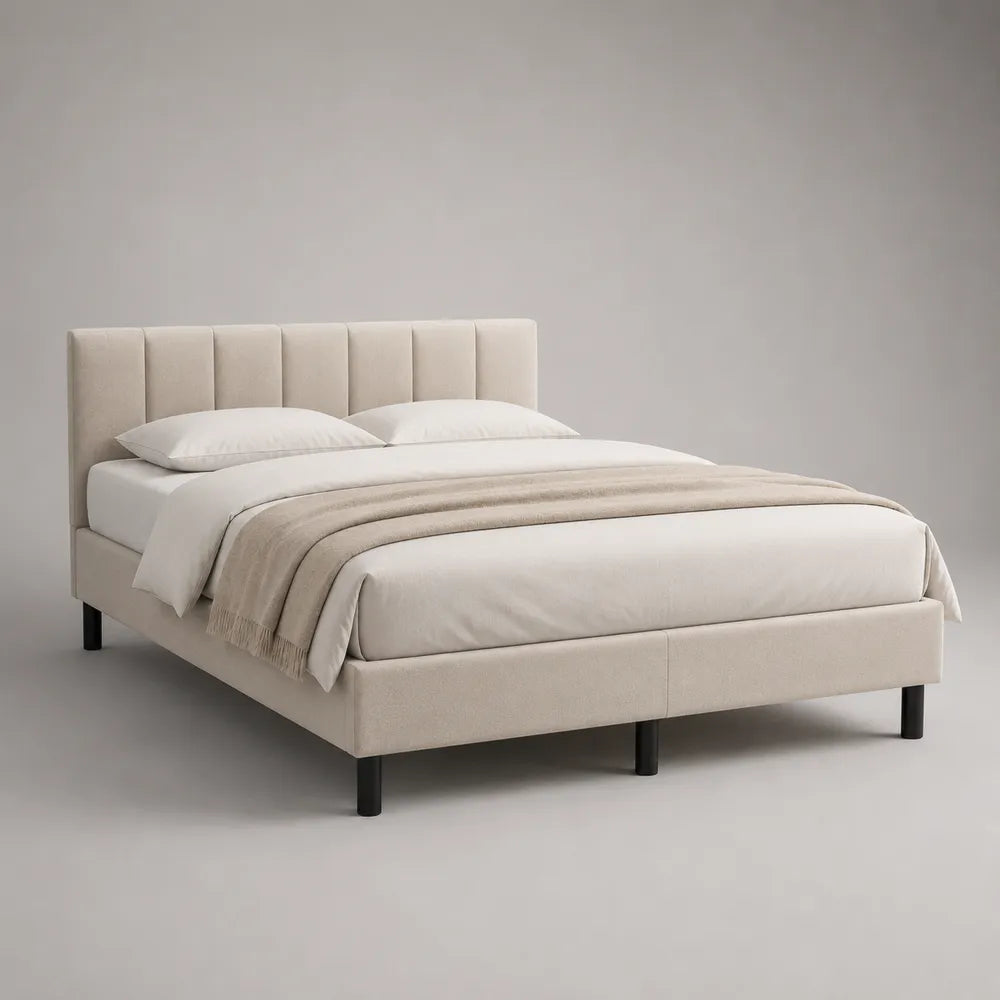 Lit double 180x200 cm polyester beige cadre rembourré rectangulaire avec tête de lit capitonnée