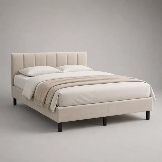 Lit double 180x200 cm polyester beige cadre rembourré rectangulaire avec tête de lit capitonnée