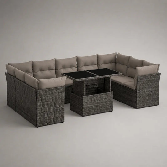 Salon de jardin modulable en résine tressée avec canapé d'angle table relevable et coussins beige gris foncé 280 x 200 x 75 cm