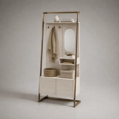 Meuble d'entrée 90 x 35 x 180 cm MDF chêne clair et acier doré avec miroir crochets et rangements