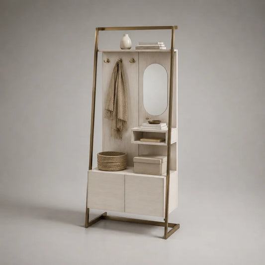 Meuble d'entrée 90 x 35 x 180 cm MDF chêne clair et acier doré avec miroir crochets et rangements