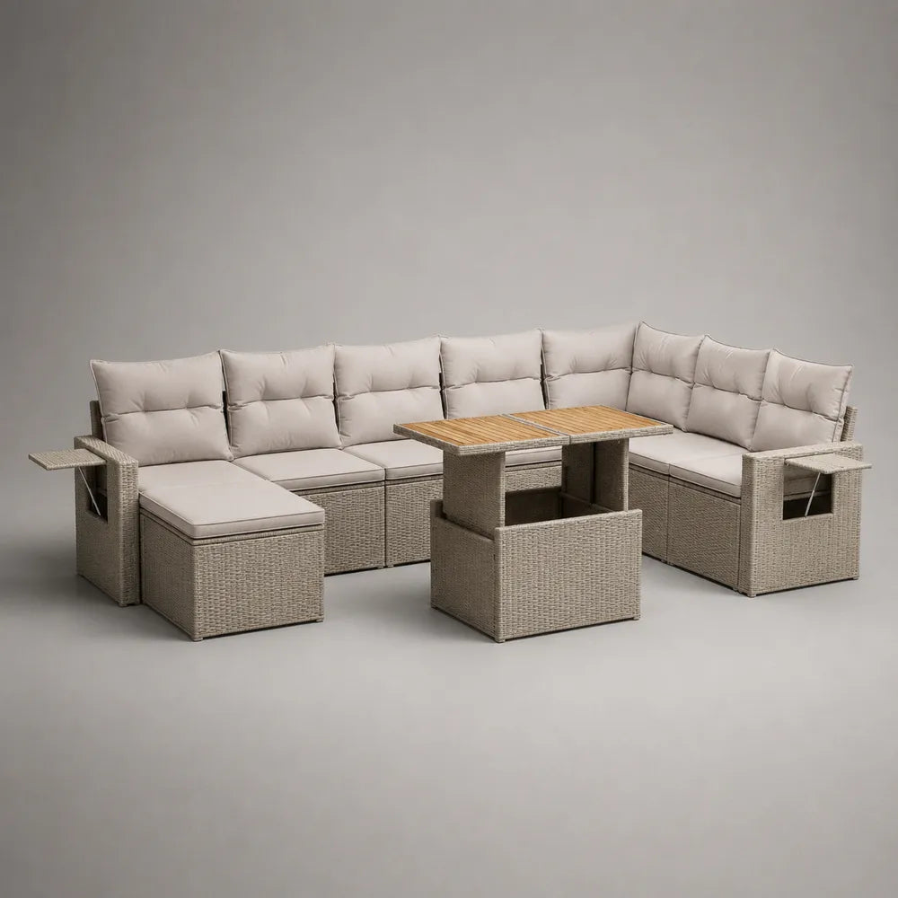 Salon de jardin modulable en U 350 x 250 x 75 cm en résine tressée beige avec table relevable et coussins
