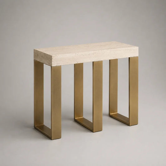 Console rectangulaire 120 x 35 x 80 cm en travertin beige avec structure en acier inoxydable doré