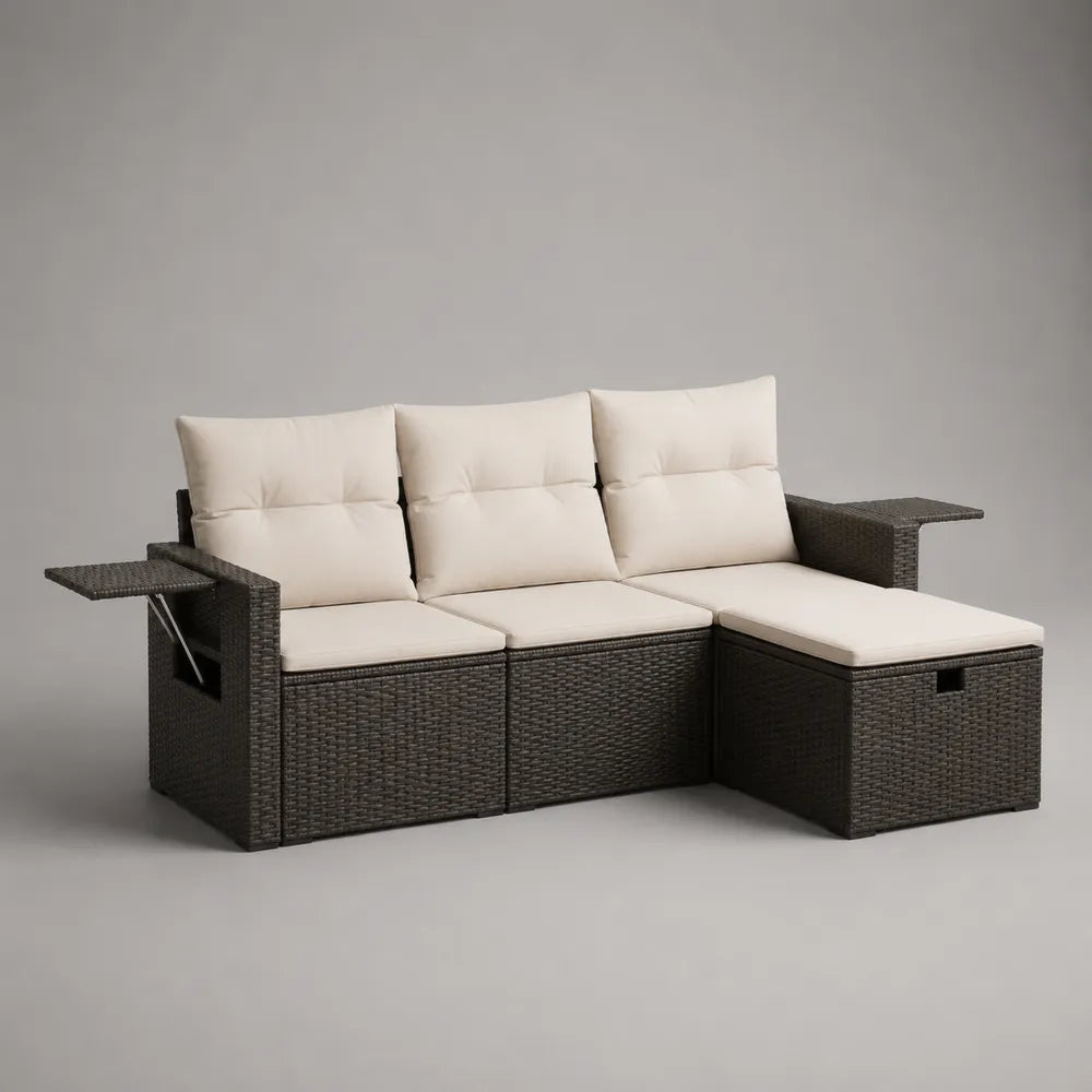 Canapé de jardin d'angle 240x170x70 cm avec rangement en résine tressée noire et coussins beige clair