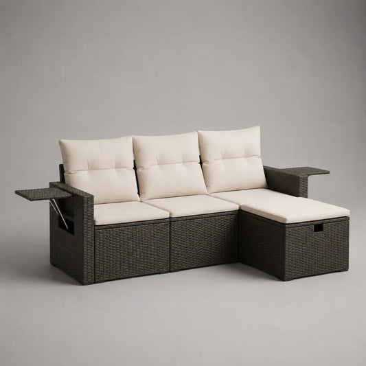 Canapé de jardin d'angle 240x170x70 cm avec rangement en résine tressée noire et coussins beige clair
