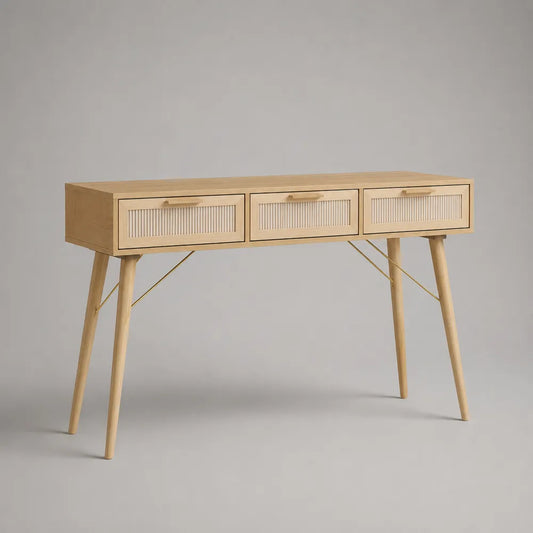 Console rectangulaire 120 x 35 x 80 cm en MDF et bois de pin beige avec 3 tiroirs
