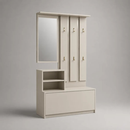 Meuble d'entrée rectangulaire 100 x 35 x 180 cm en MDF blanc avec miroir et rangement