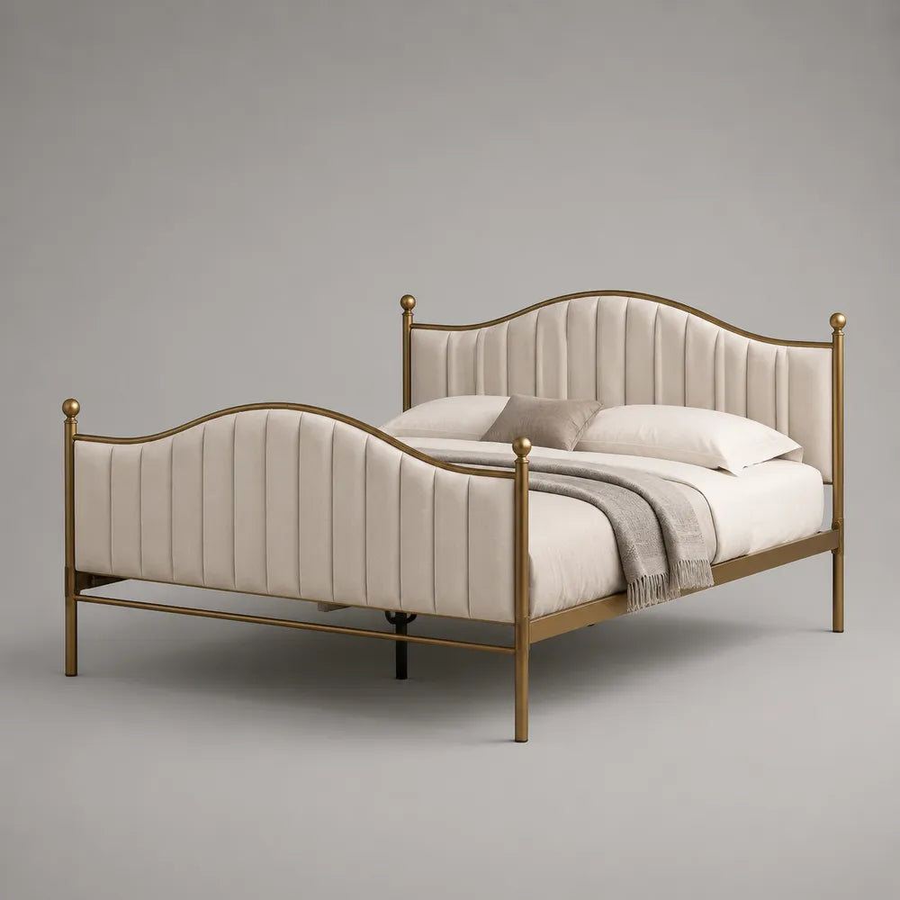 Lit double 140 x 190 cm avec tête et pied de lit rembourrés en tissu polyester beige crème et cadre acier doré