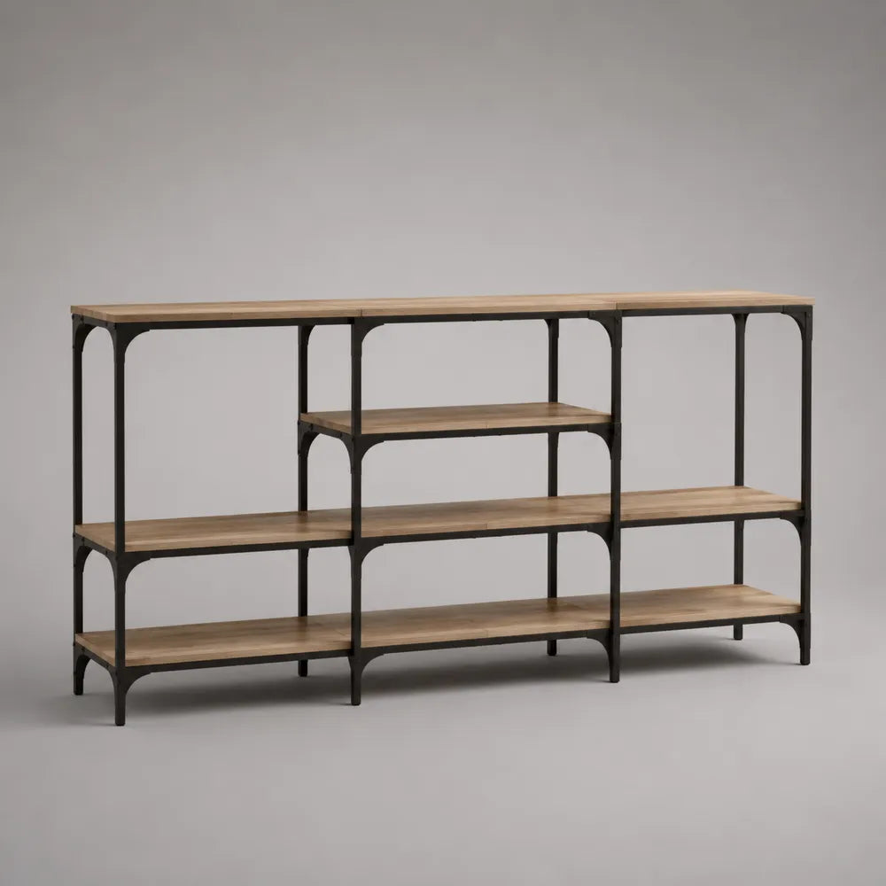 Console rectangulaire 240x35x90 cm avec étagères ouvertes en panneau mélaminé effet chêne et acier noir