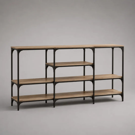 Console rectangulaire 240x35x90 cm avec étagères ouvertes en panneau mélaminé effet chêne et acier noir