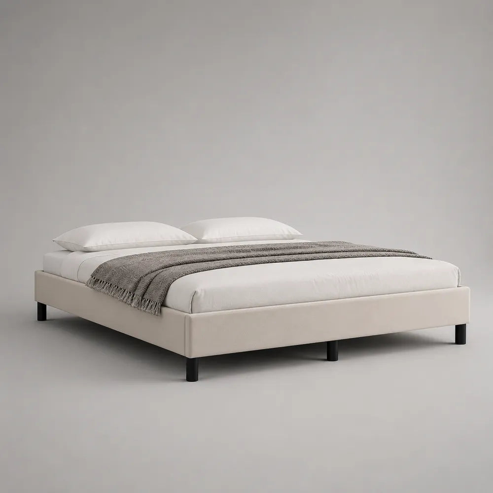 Lit double 160 x 200 cm cadre de lit bas rembourré en tissu polyester beige crème avec pieds noirs