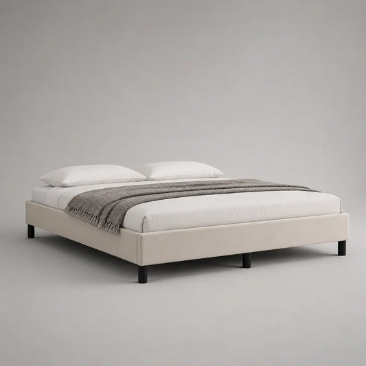 Lit double 160 x 200 cm cadre de lit bas rembourré en tissu polyester beige crème avec pieds noirs