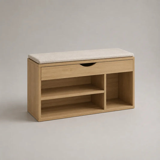 Banc à chaussures rectangulaire avec coussin tiroir et rangement en MDF effet chêne beige 100 x 35 x 45 cm