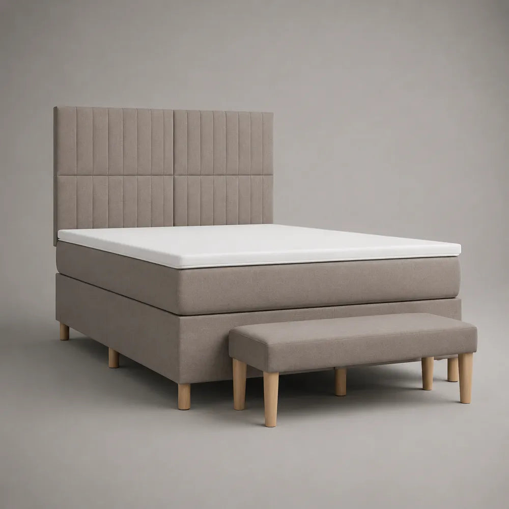 Lit double 160 x 200 cm tissu beige rectangulaire avec tête de lit rembourrée et banc assorti